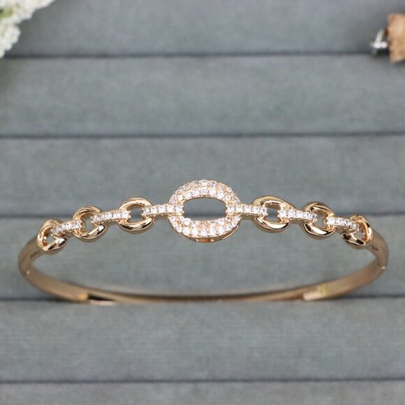 Rose Gold Bangle with Diamond-Accented Oval Chain Link Design, XPBL0590 - Picture 10 of 12